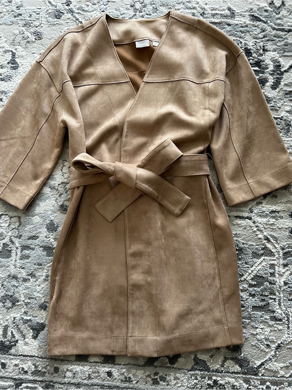 Chico's Suede-Look Open Front Trench Coat in Tan